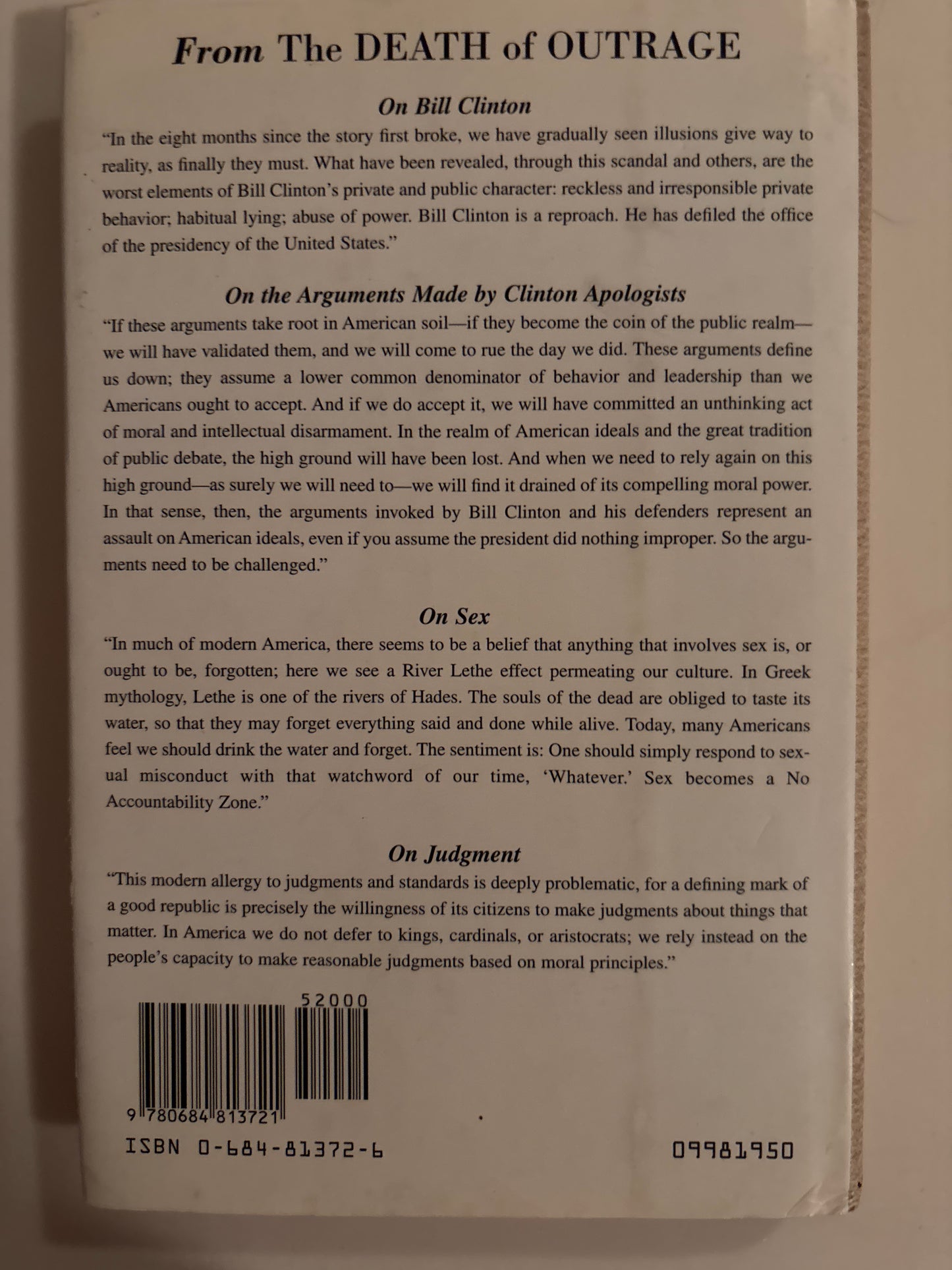 Death of Outrage: Bill Clinton and the Assault on American Ideals by William J. Bennett